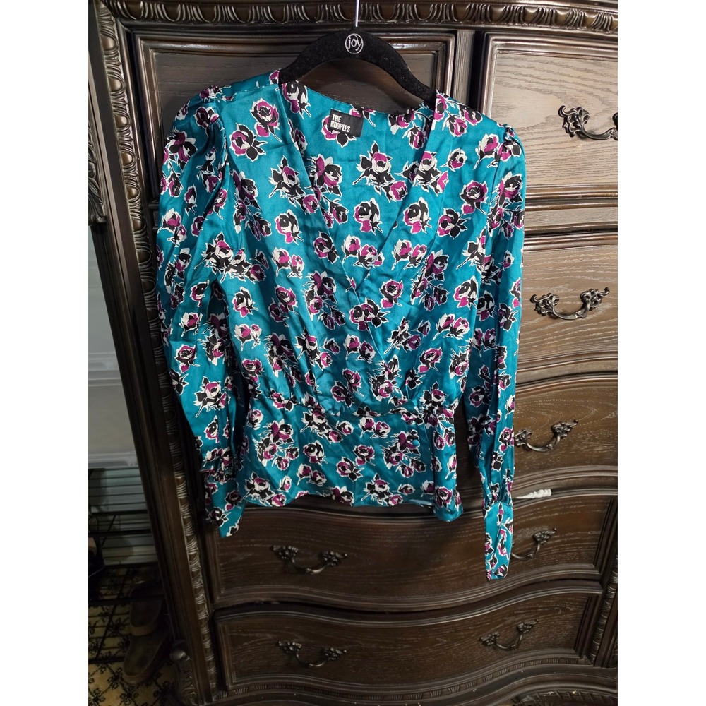 The Kooples Rock Roses Teal Floral V-Neck Blouse Top FTOP27003K Size 0